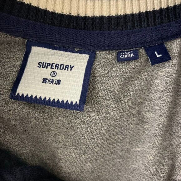 Superdry Varsity Bomber Jacket L Blue Embroidered Snaps Pockets Fleece Lined - Picture 8 of 8